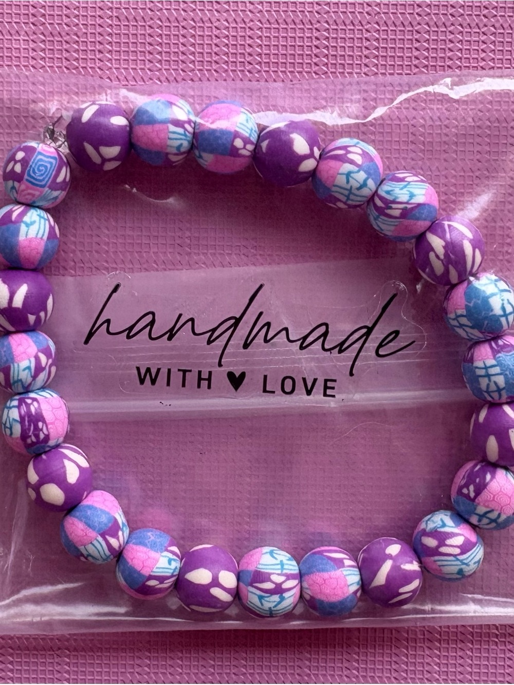 Handmade Purple Pink Blue Beaded Stretch Bracelet